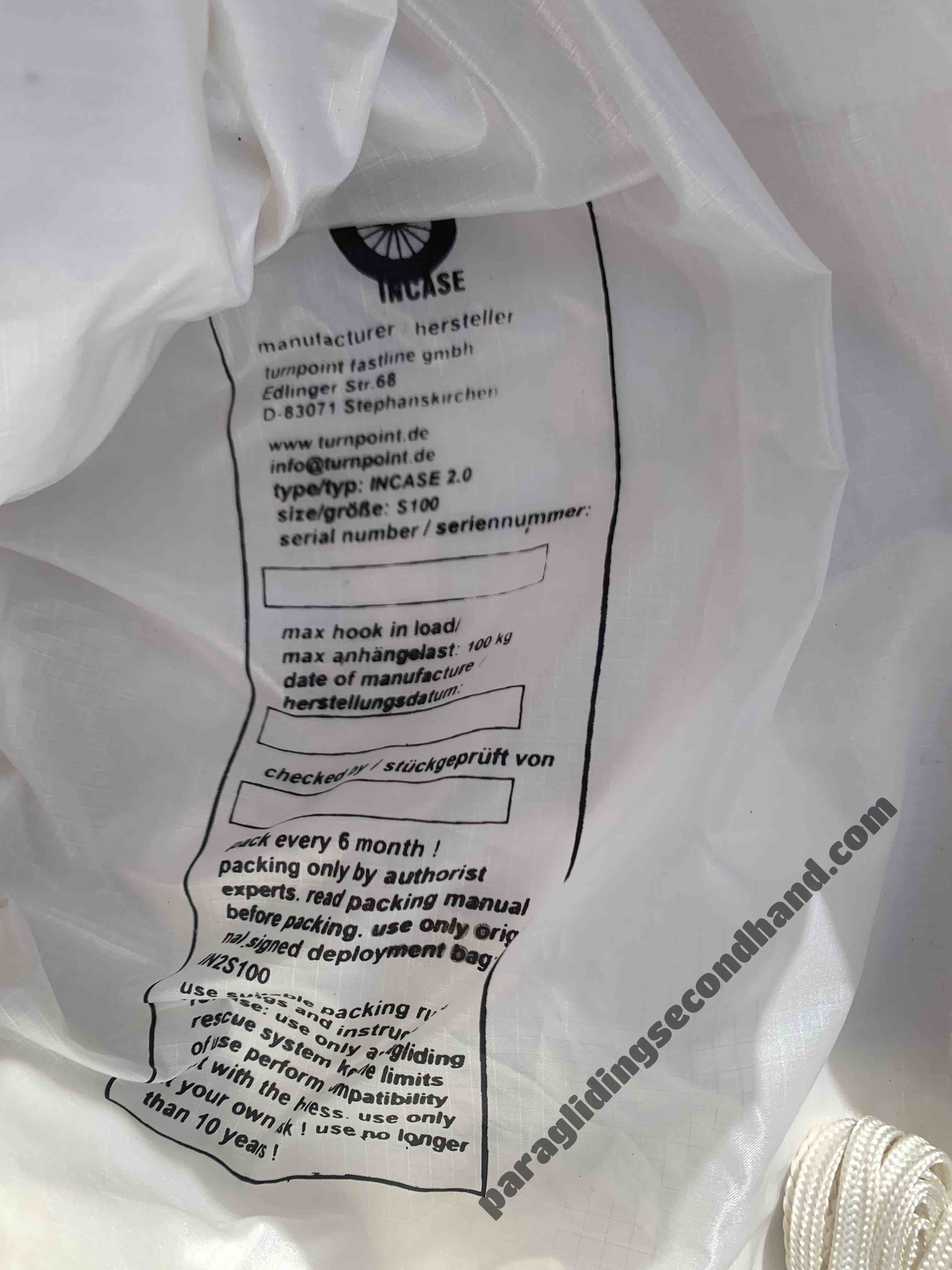 Parachute de secours turnpoint Incase 2.0 S100 ptv100