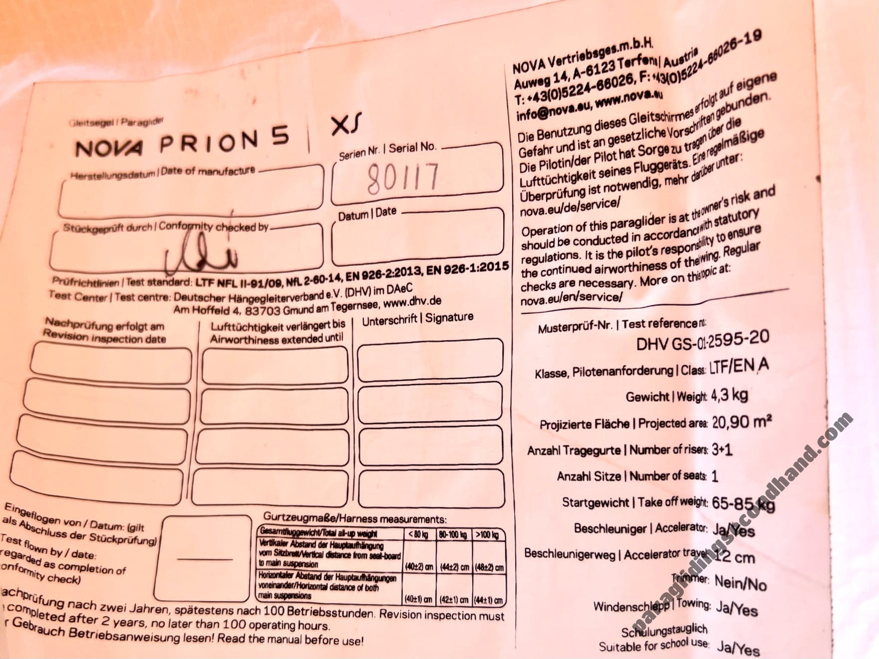 Nova PRION 5, XS, 2021, (65-85kg), 50h