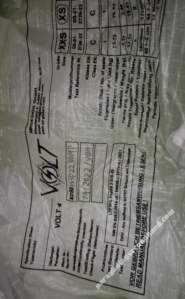 Air Design Volt 4, XS, 2022, (70-82kg), 110h