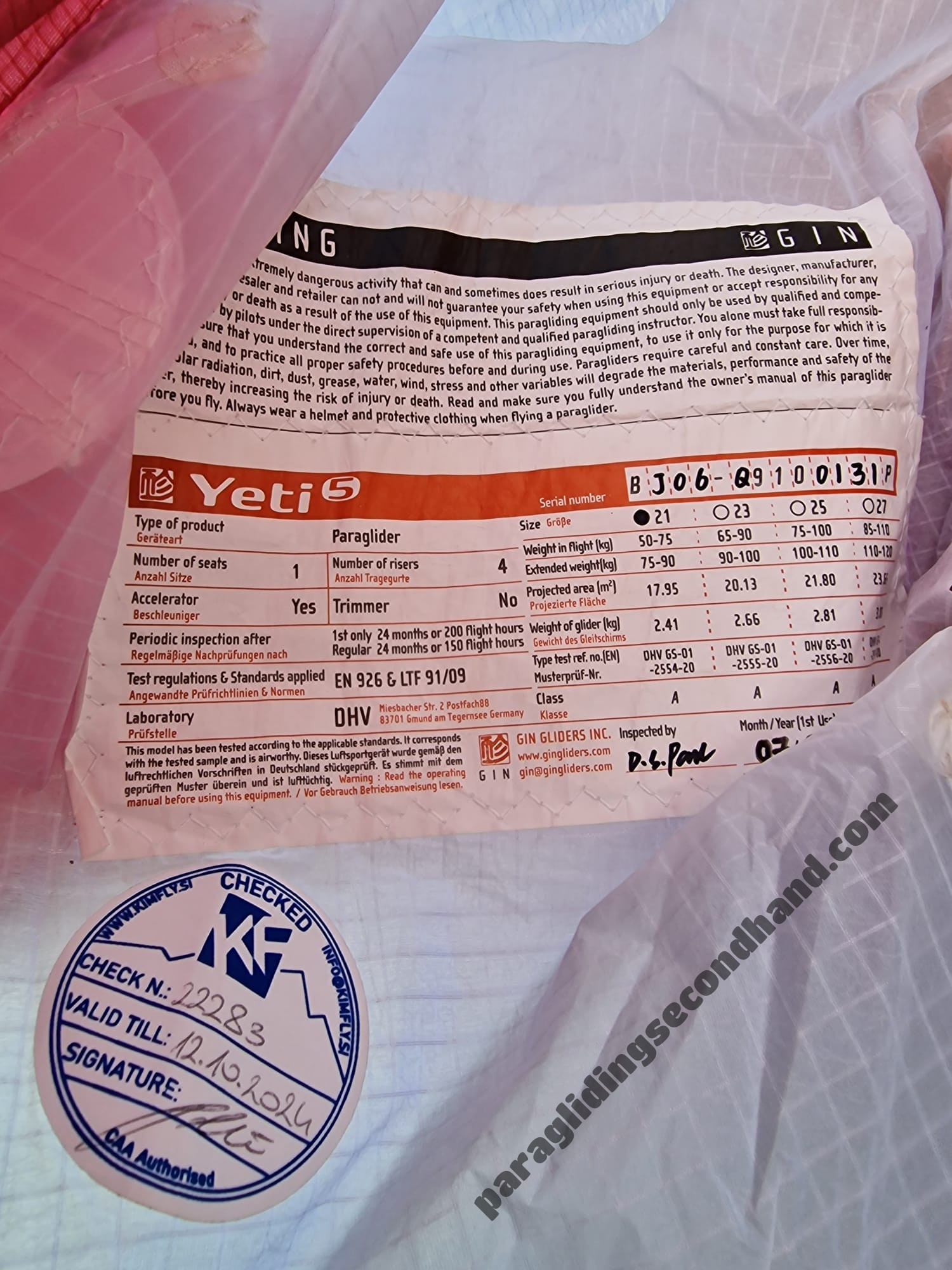 GIN Gliders Yeti 5, 21, 2020, (50-75kg), 60h