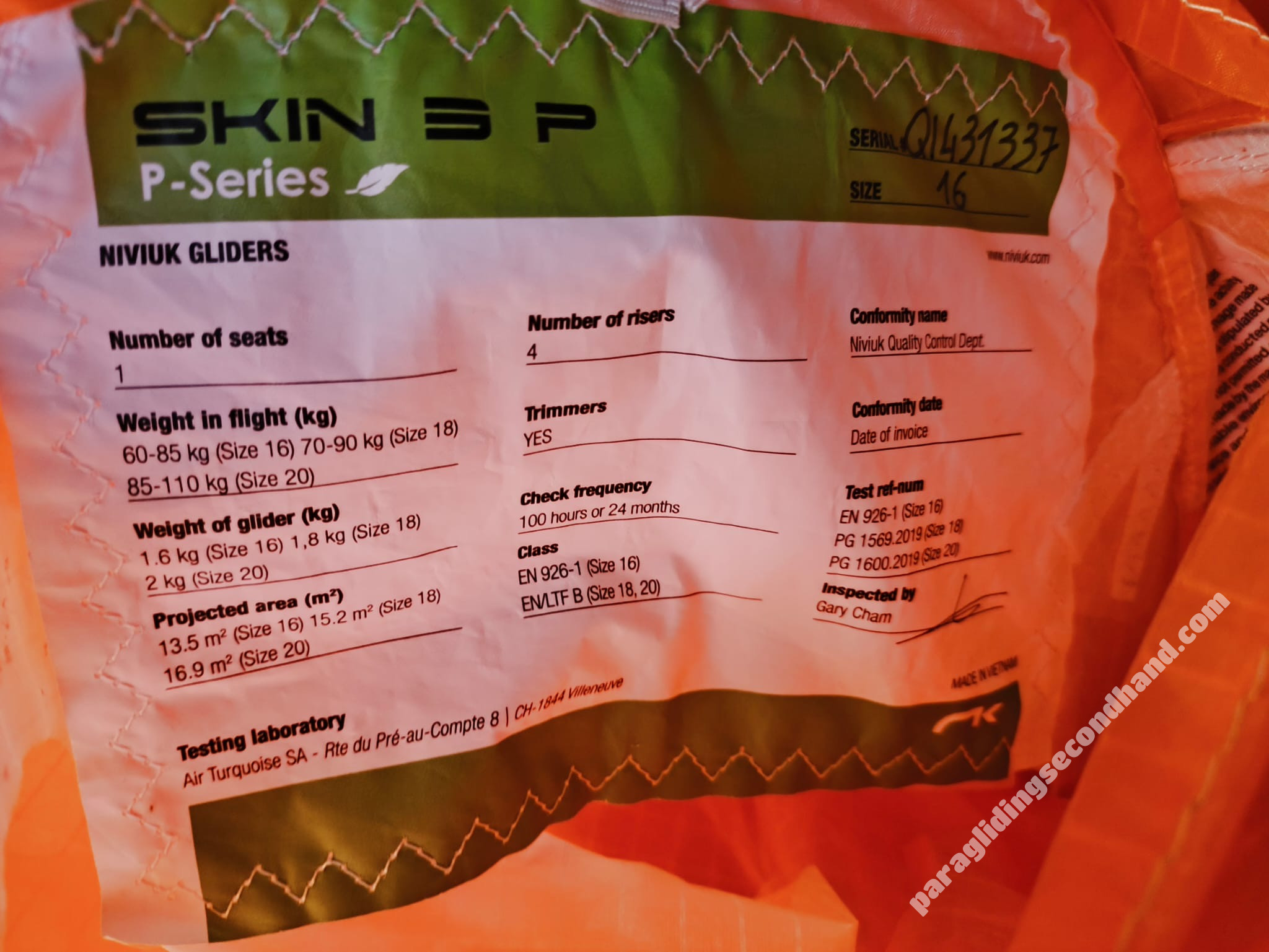 Niviuk Skin3P,Roamer P, 16, 2022, (60-85kg), 10h