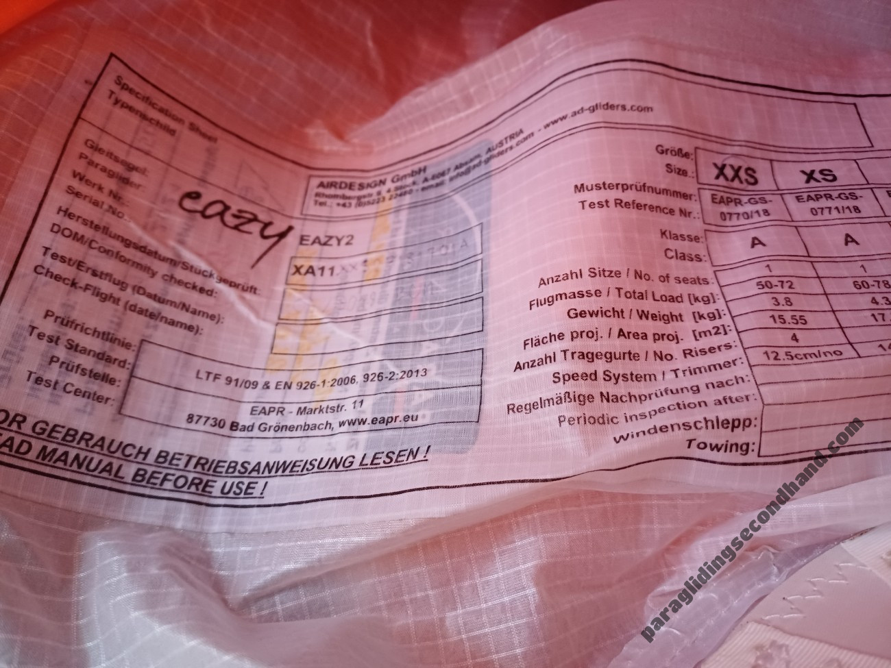 Air Design Eazy 2, XXS, 2018, (50-72kg), 60h