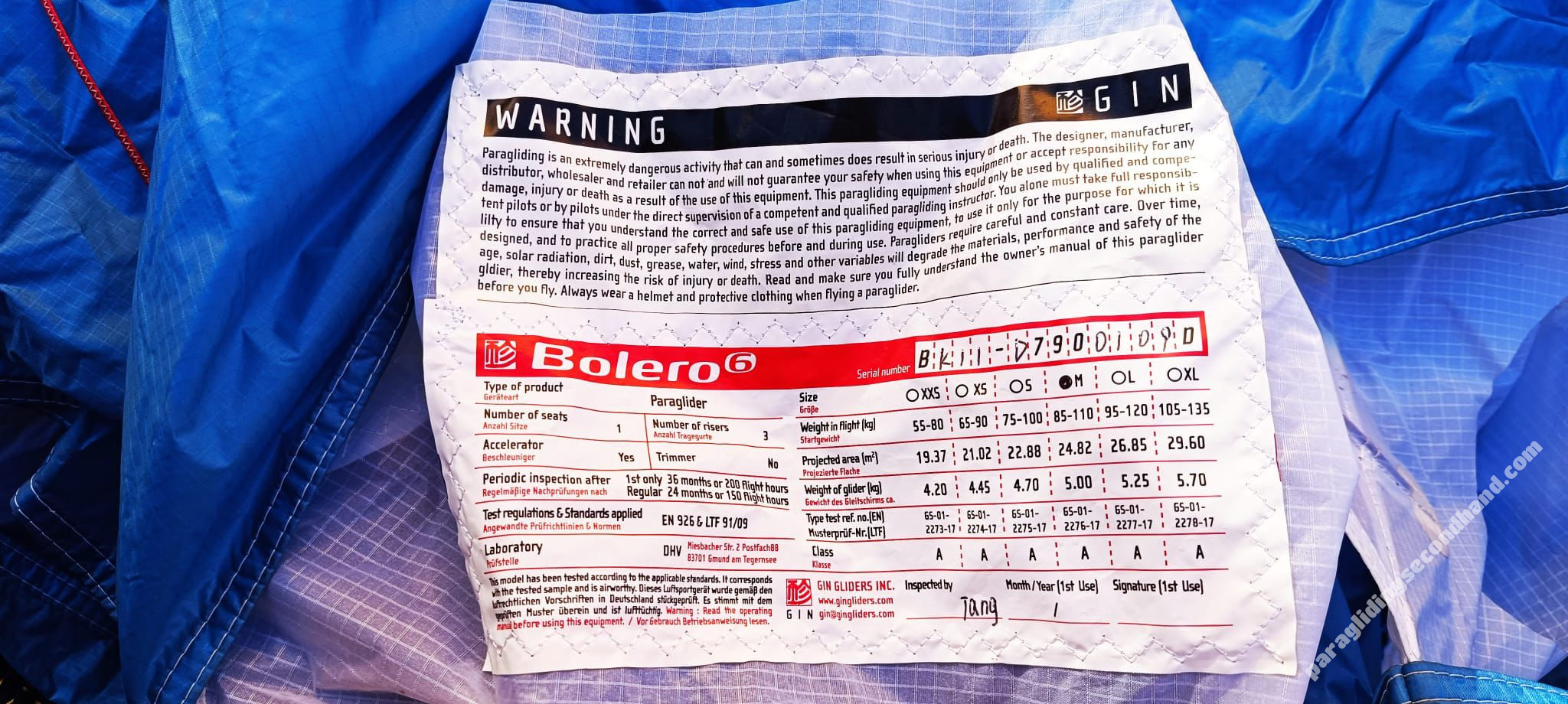 GIN Gliders BOLERO 6, M, 2019, (85-110kg), 20h