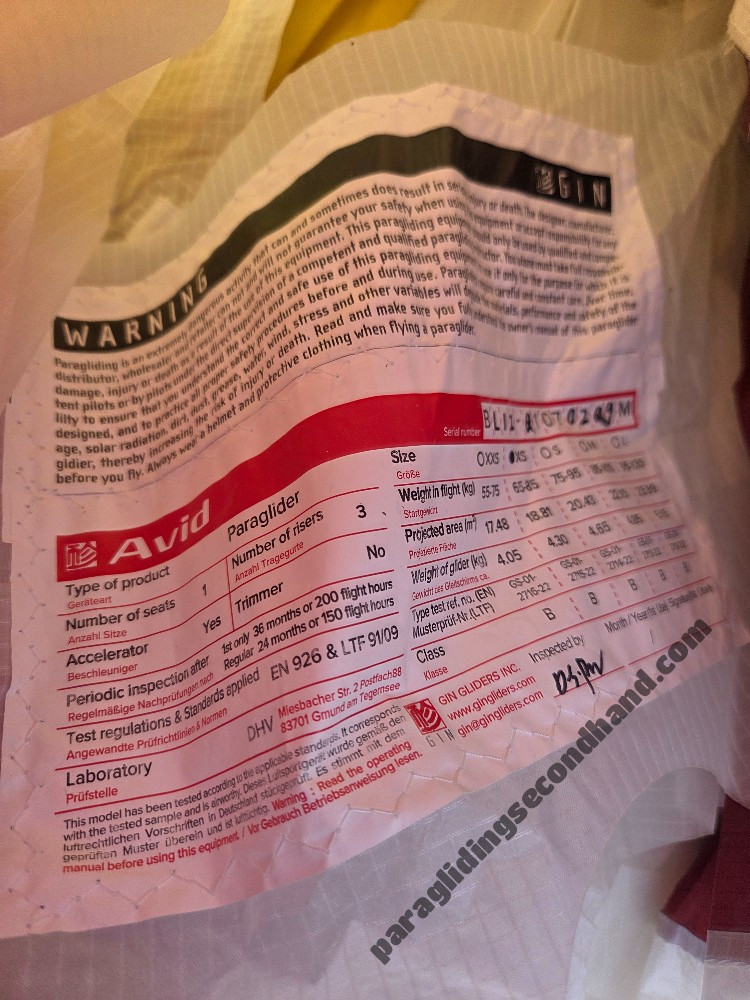 GIN Gliders Avid, Xs, 2024, (65-85kg), 77h