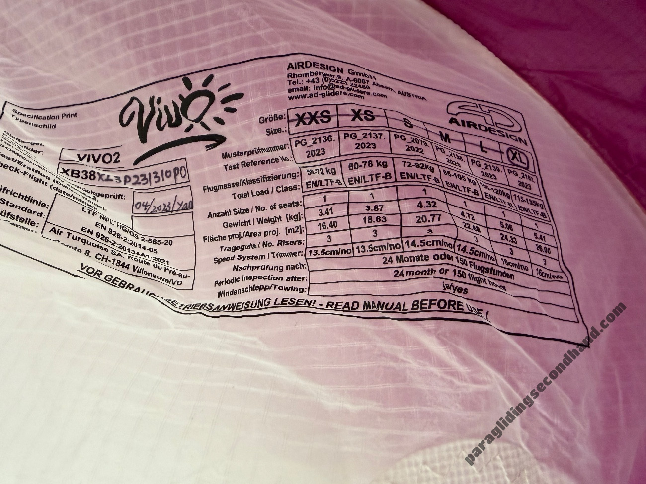 Air Design VIVO 2, XL, 2023, (115-135kg), 20h - Image 2