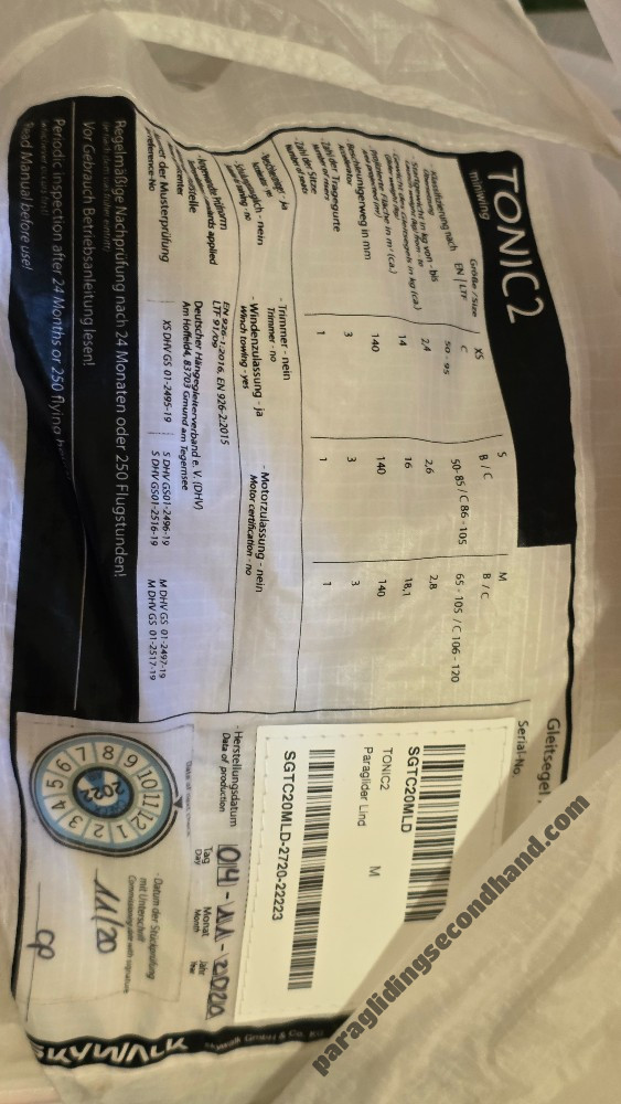 Skywalk Tonic 2, 20m², 2020, (65-105kg), 10h - Imagem 4