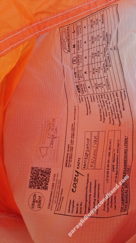 Air Design Eazy 2, S, 2021, (72-92kg), 60h - Image 6