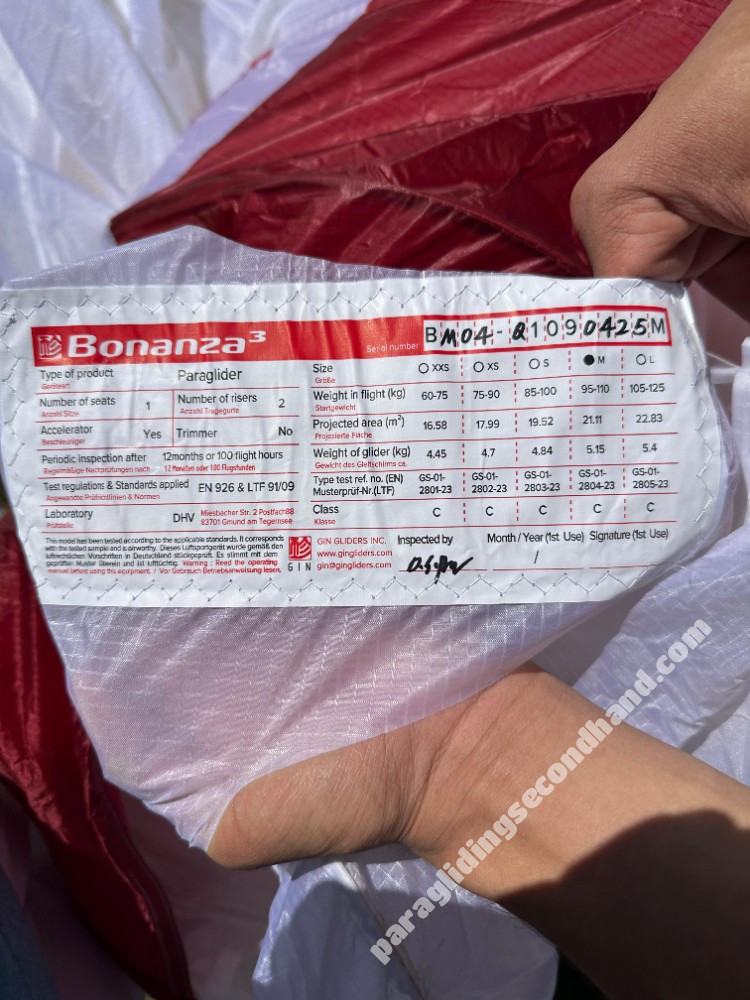 GIN Gliders Bonanza 3, M, 2023, (95-110kg), 100h