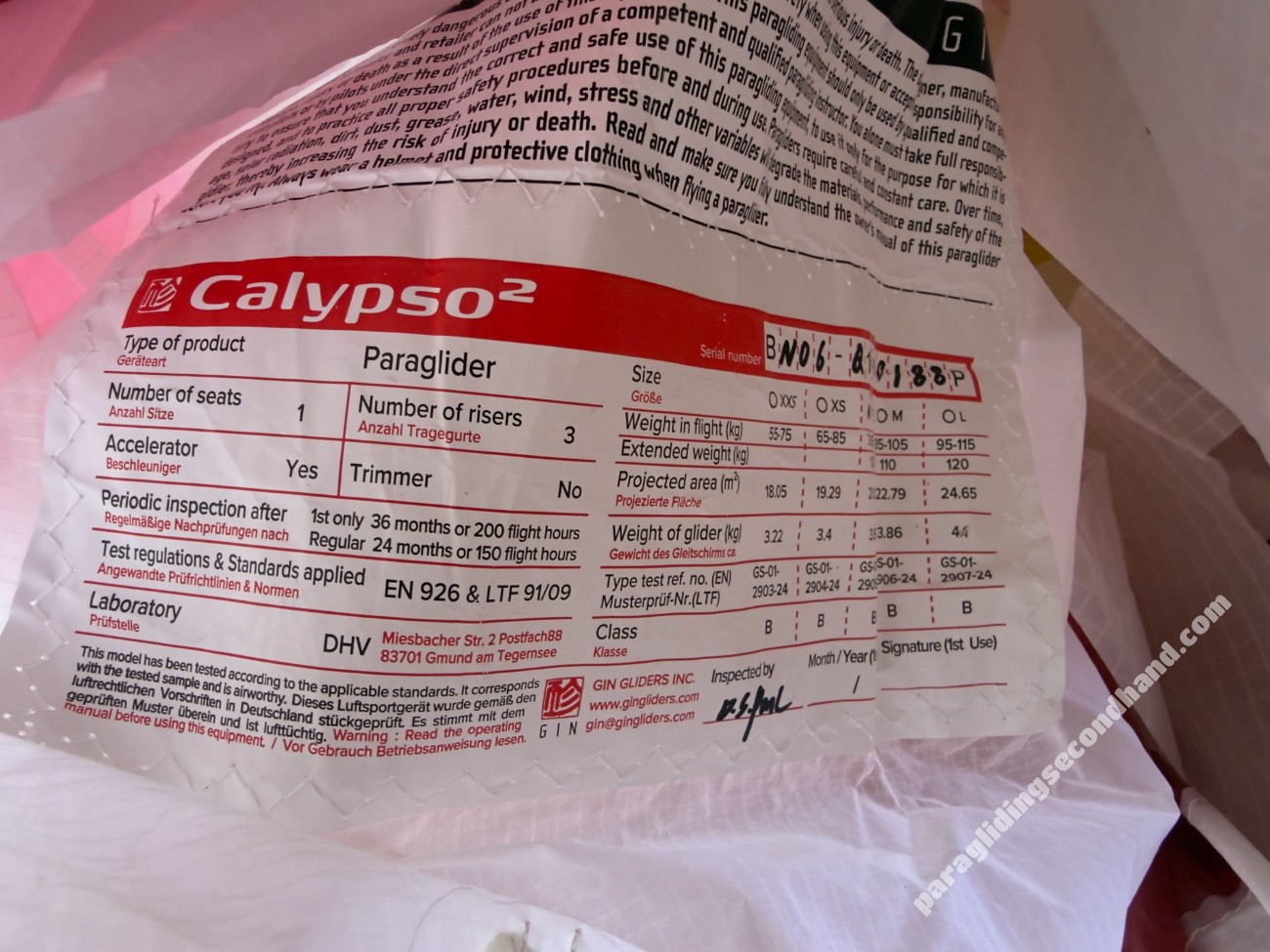 GIN Gliders Calypso 2, Small, 2024, (75-100kg), 3h