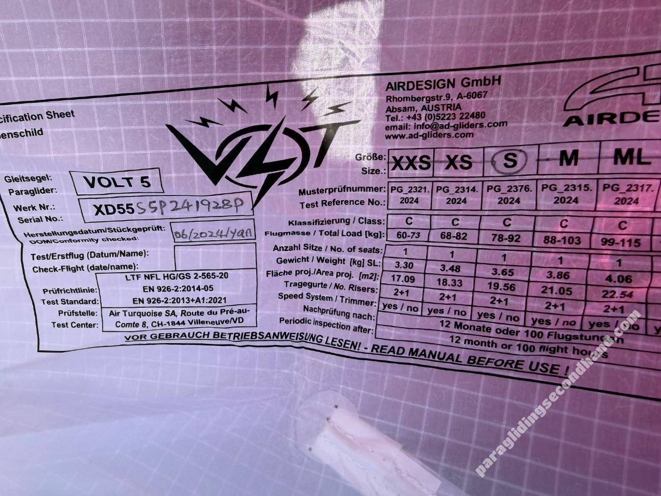 Air Design Volt 5, S, 2024, (78-92kg), 150h - Afbeelding 2