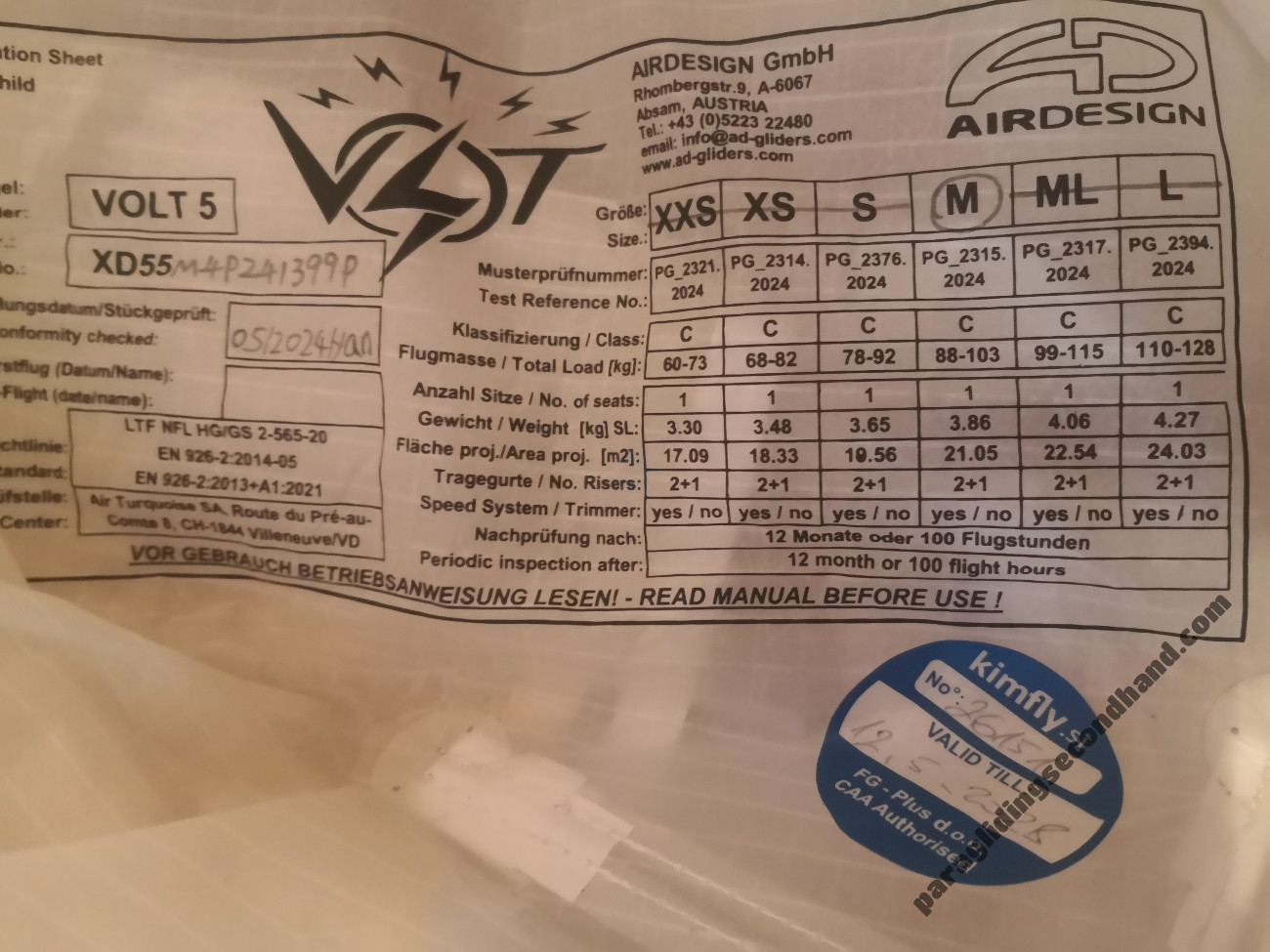 Air Design Volt 5, M, 2024, (88-103kg), 180h - Afbeelding 2