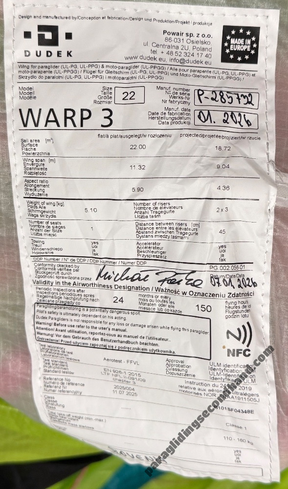 Dudek WARP 3, 22, 2026, (110-160kg), 8h - Görsel 2