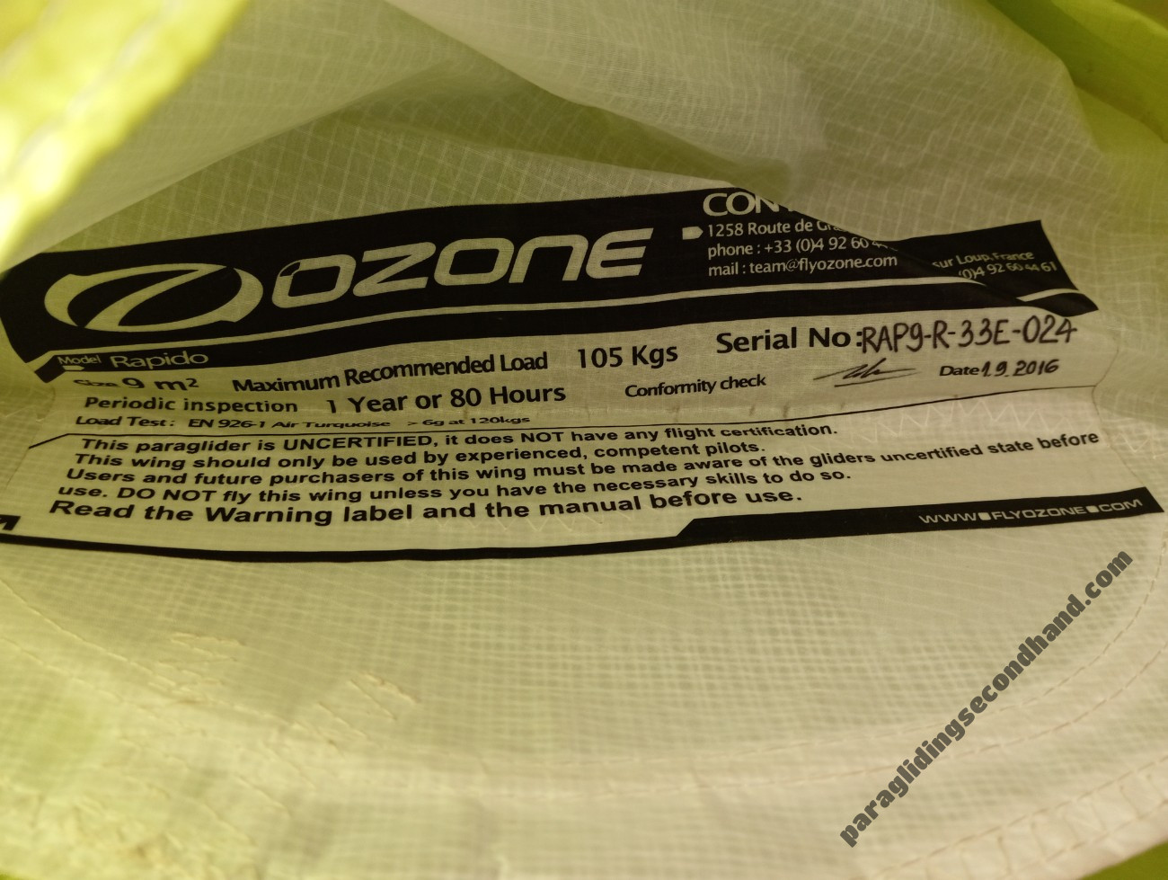 Ozone Rapido 9, 9m2, 2016, (0-105kg), 100h - Image 4