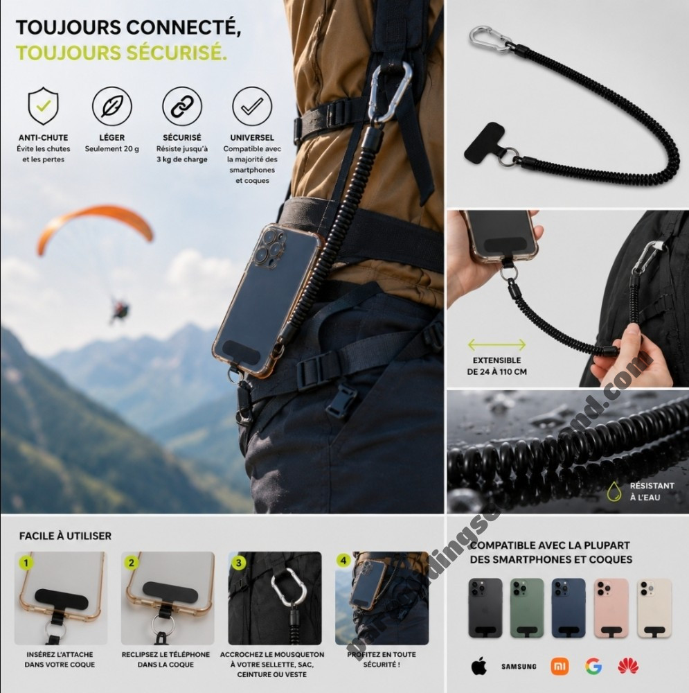 Leash téléphone universel anti-chute – Dragonne smartphone extensible 110 cm - Bild 4