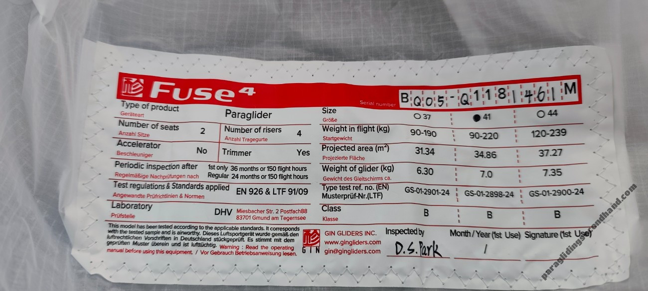 GIN Gliders FUSE 4, 40 41, 2026, (110-230kg), 0h - Image 2