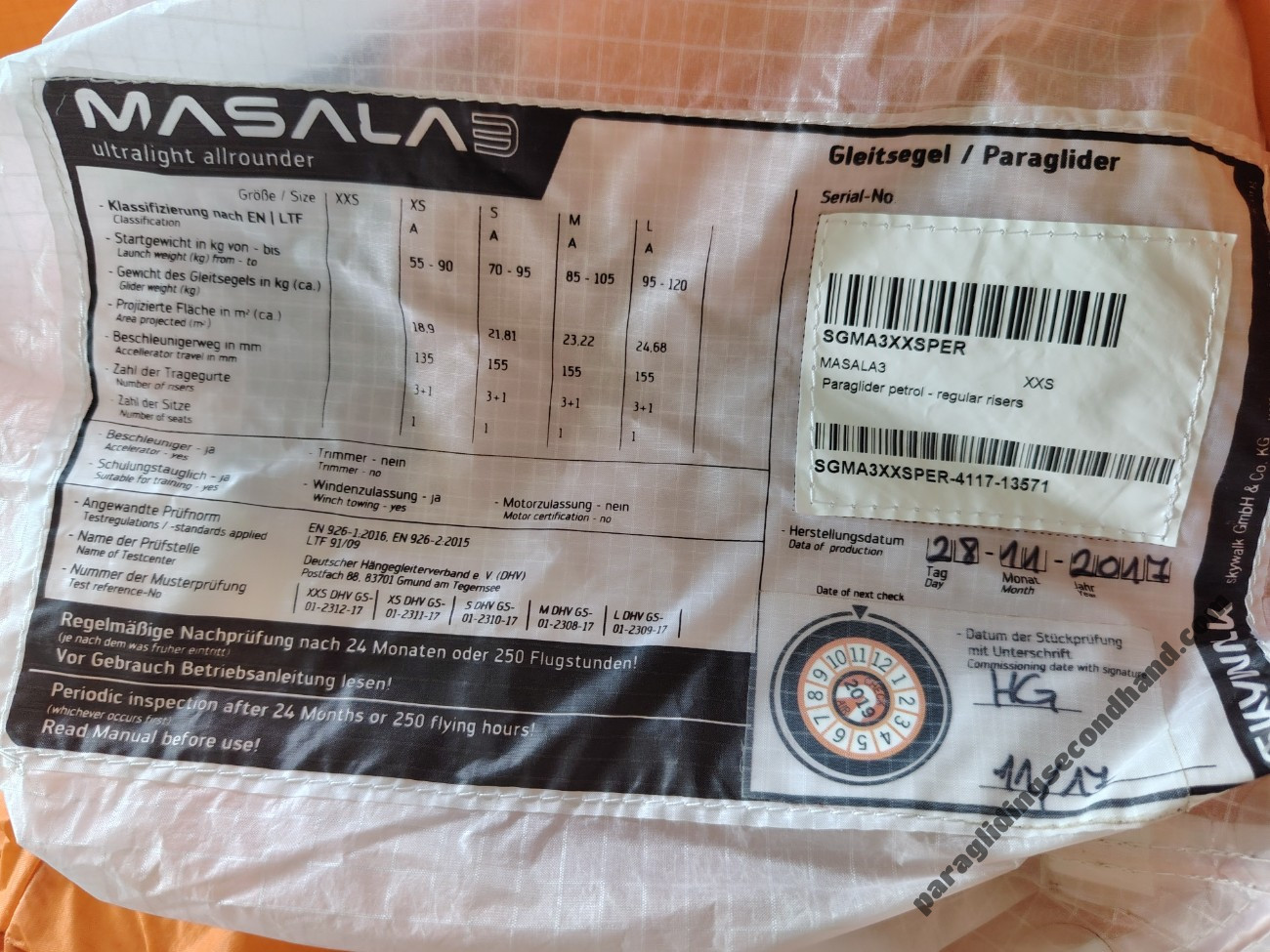 Skywalk MASALA 3, XXS, 2017, (55-85kg), 75h - Image 8