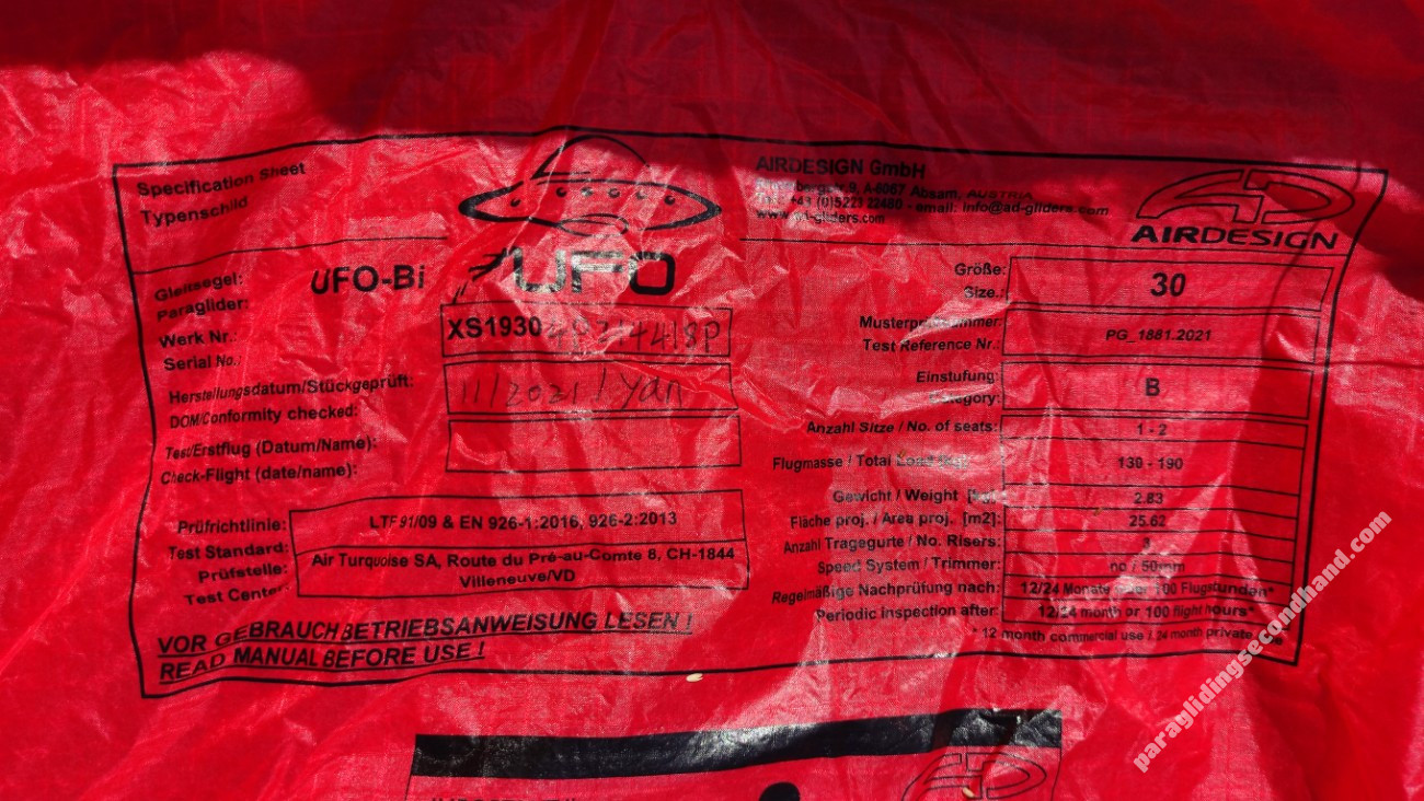 Air Design Ufo 2, Xl, 2022, (130-190kg), 10h - Image 3