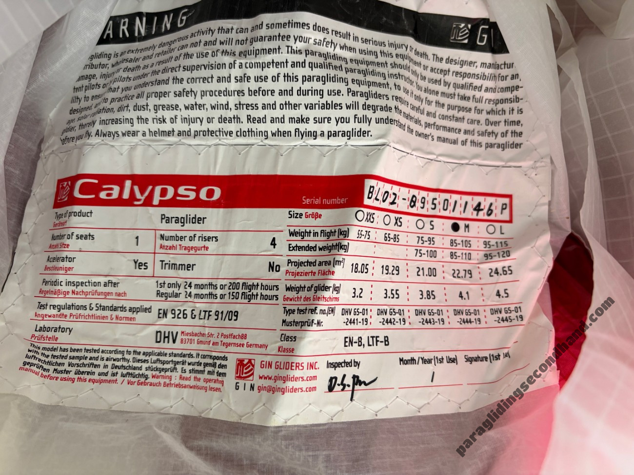 GIN Gliders Calypso, M, 2022, (85-105kg), 50h - Image 4