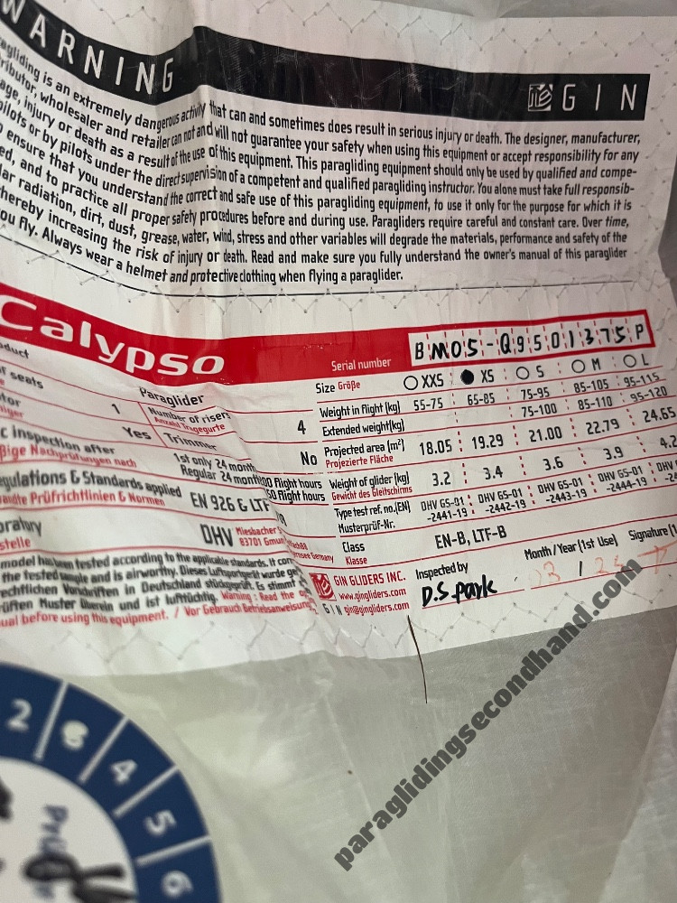 GIN Gliders Calypso, XS, 2023, (65-85kg), 100h - Kuva 4