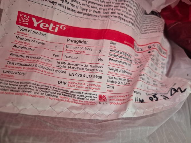 GIN Gliders Yeti 6, 23, 2024, (65-105kg), 50h