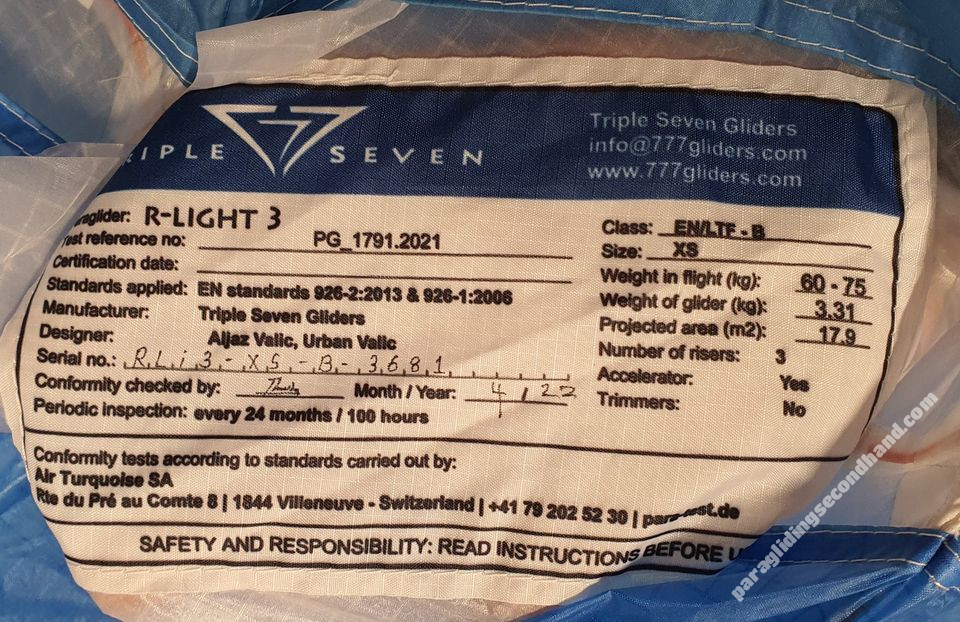 Triple Seven 777 R-light 3, XS, 2022, (60-75kg), 13h