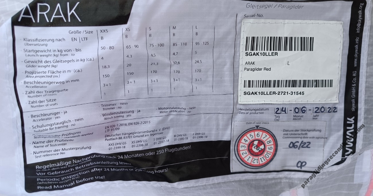 Skywalk ARAK, L, 2022, (95-120kg), 60h