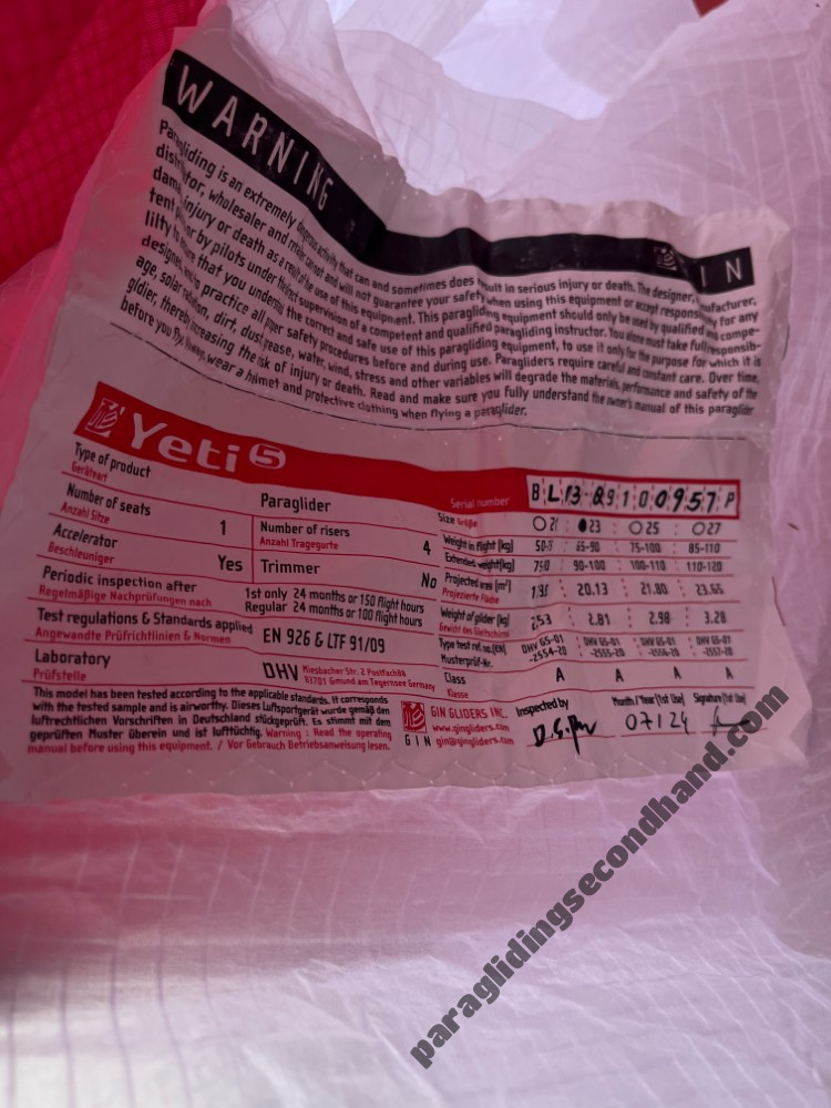 GIN Gliders Yeti 5, 23, 2024, (65-100kg), 20h