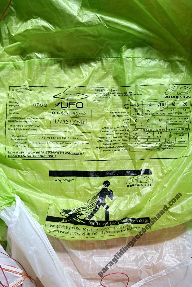 Air Design UFO2, 16m, 2021, (50-90kg), 15h
