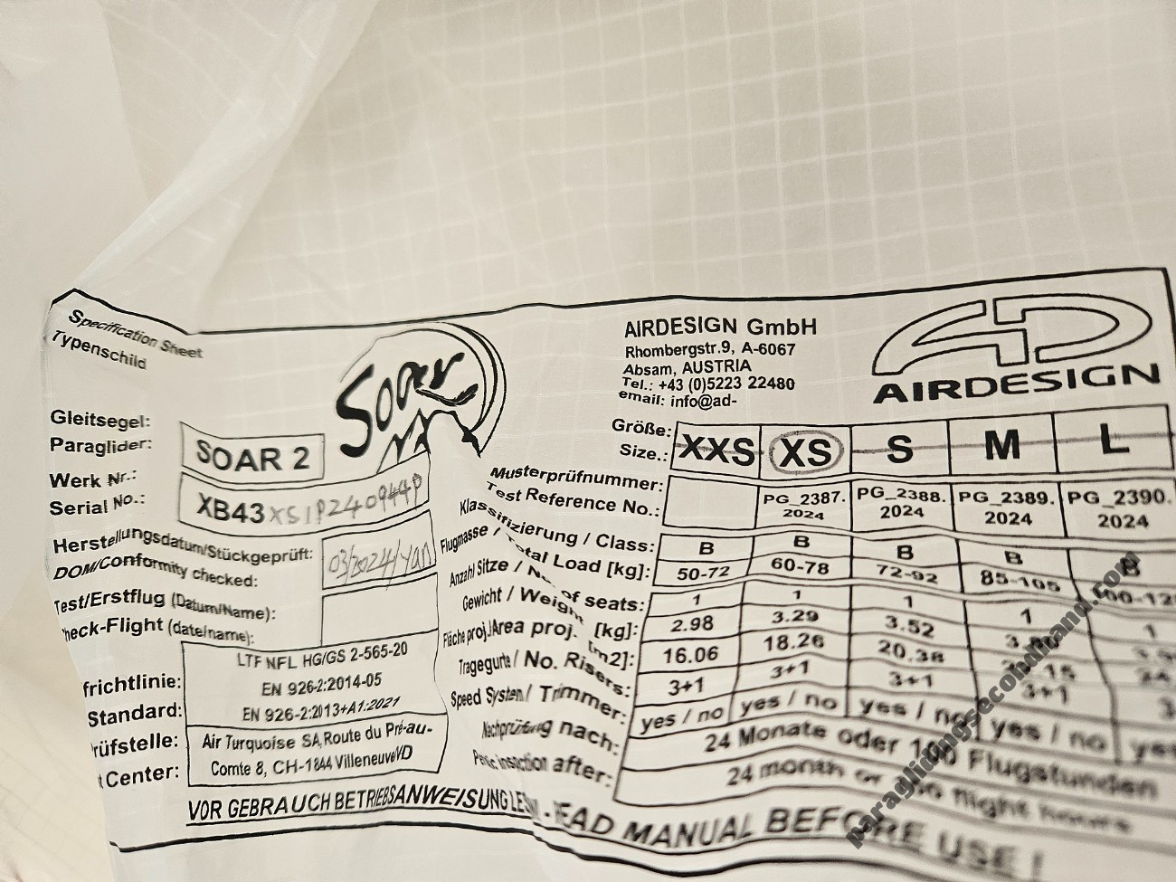 Air Design Soar 2, XS, 2024, (60-78kg), 40h