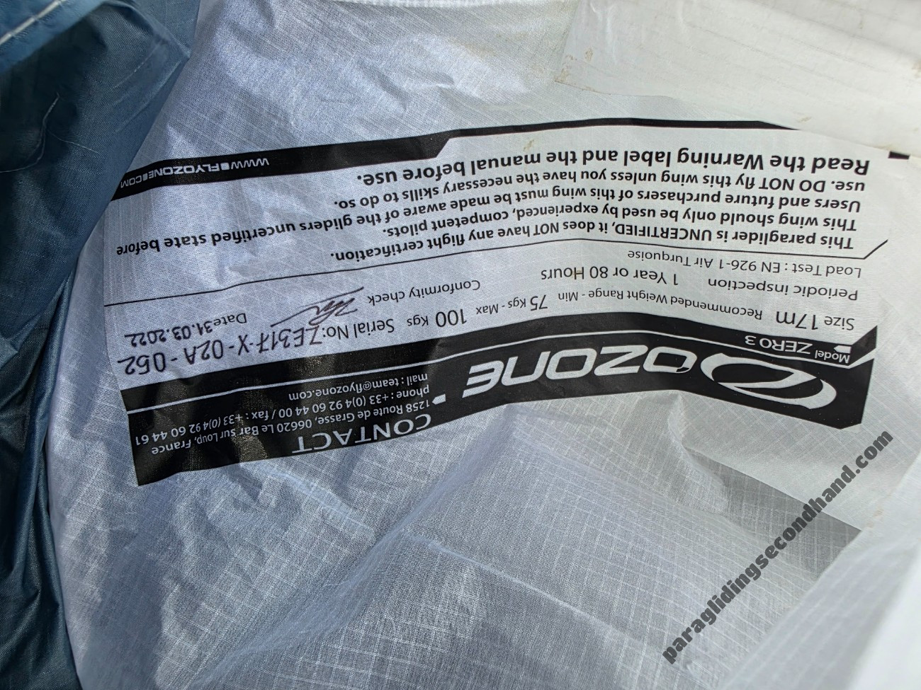 Ozone Zero 3, 17m, 2022, (75-100kg), 10h