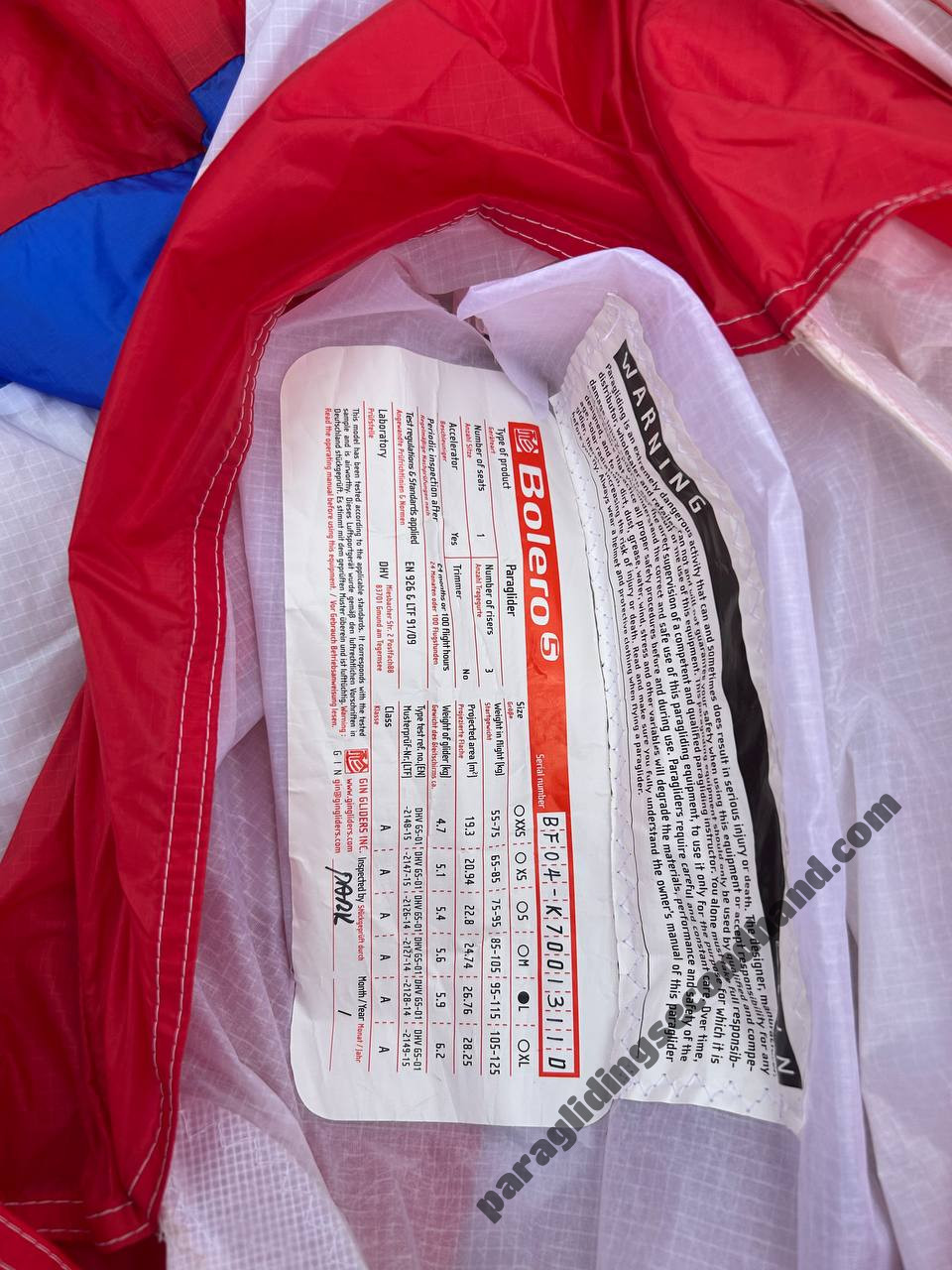 GIN Gliders Bolero 5, L, 2020, (95-115kg), 15h