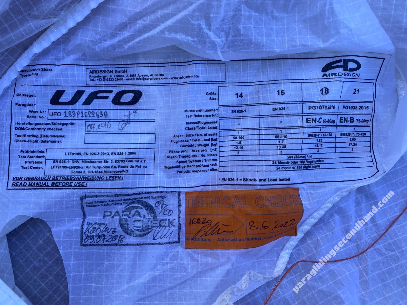 Air Design UFO, 18, 2016, (60-120kg), 75h