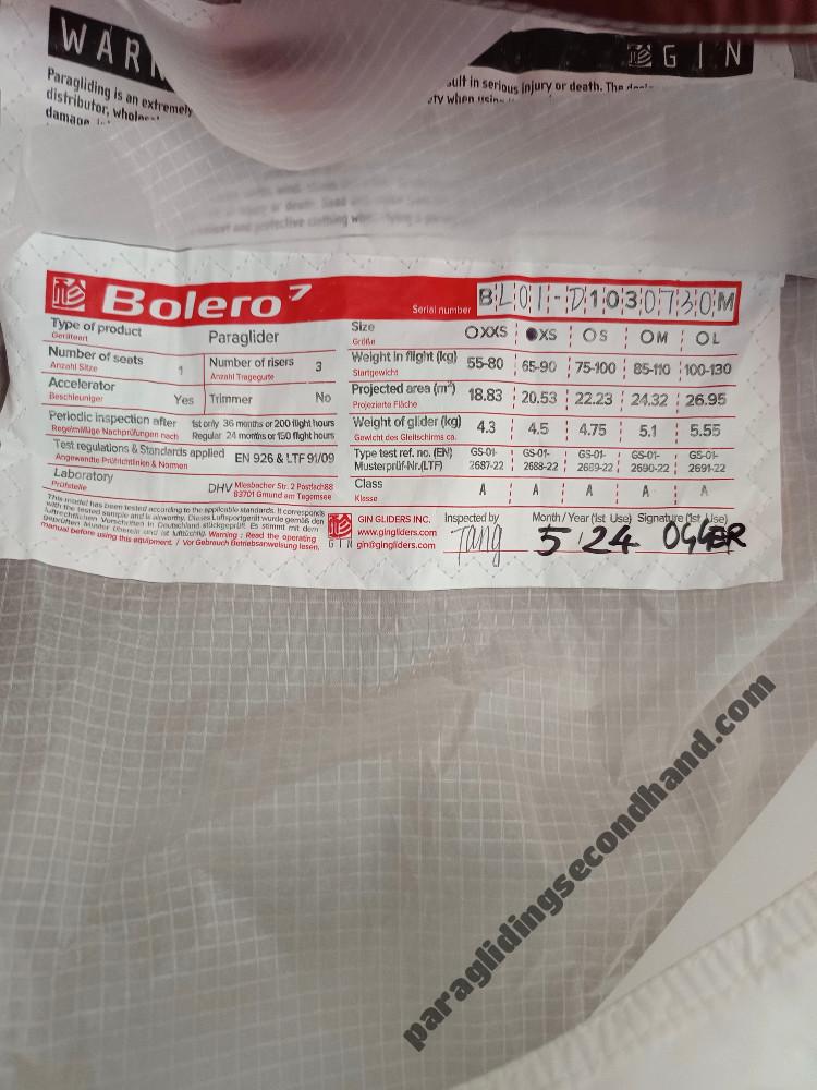 GIN Gliders Bolero 7, XS, 2024, (65-90kg), 8h