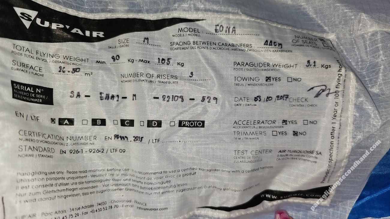 Supair Eona – size M – 80–105 kg – 16 flight hours   +  Harness Supair Access M   +  Reserve Supair Start M