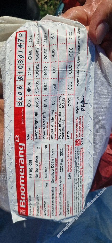 GIN Gliders Boomerang 12, SM, 2022, (95-105kg), 180h