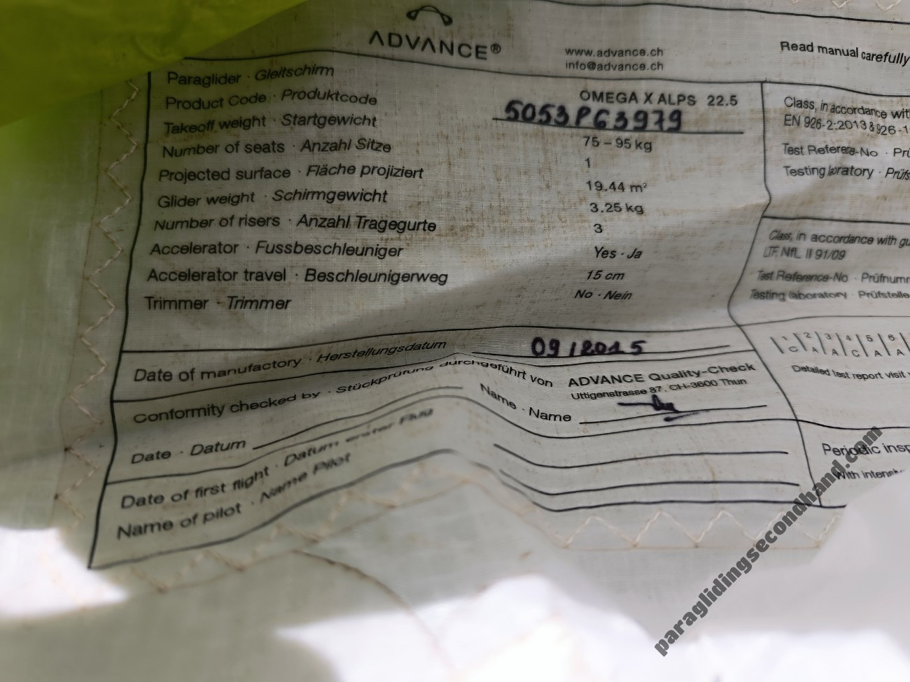 Advance Omega X-Alps, 75/95, 2015, (75-95kg), 125h