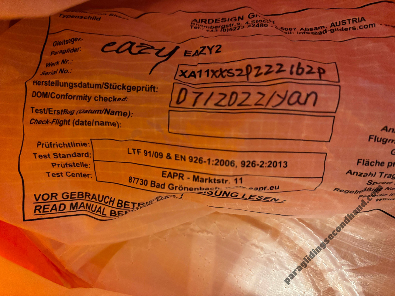 Air Design eazy, XXS, 2022, (50-65kg), 3h