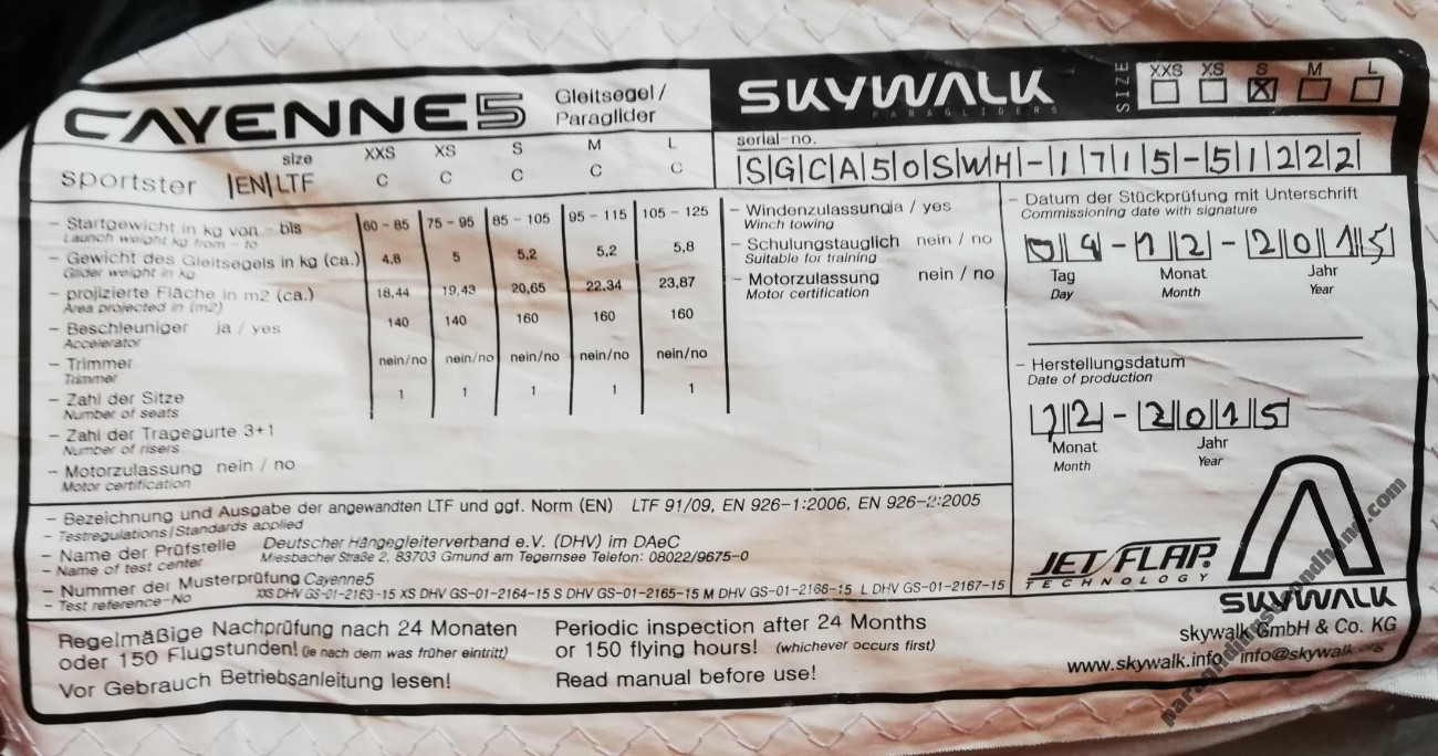 Skywalk Cayenne 5, S, 2015, (85-105kg), 150h