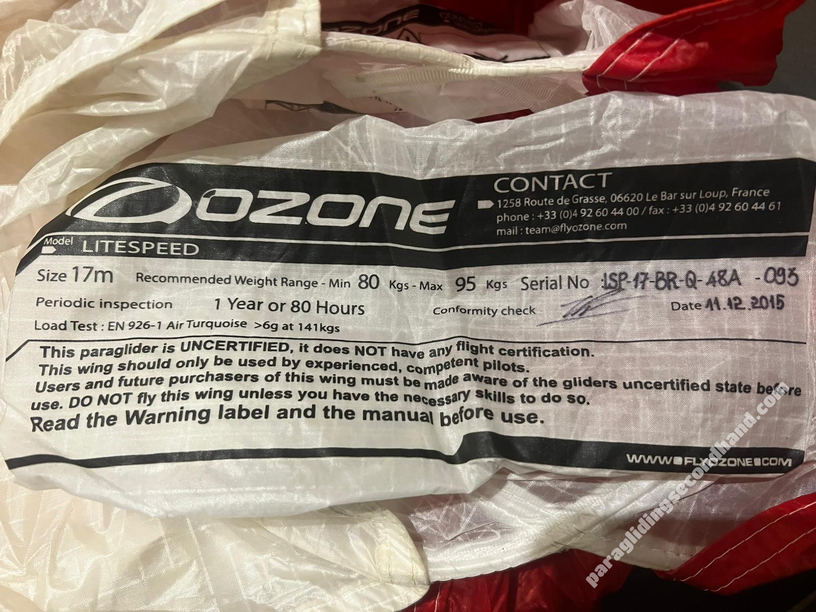 Ozone Litespeed, 17, 2015, (80-95kg), 50h