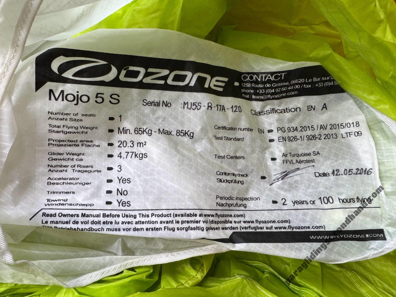 Ozone Mojo 5, S, 2015, (65-85kg), 30h