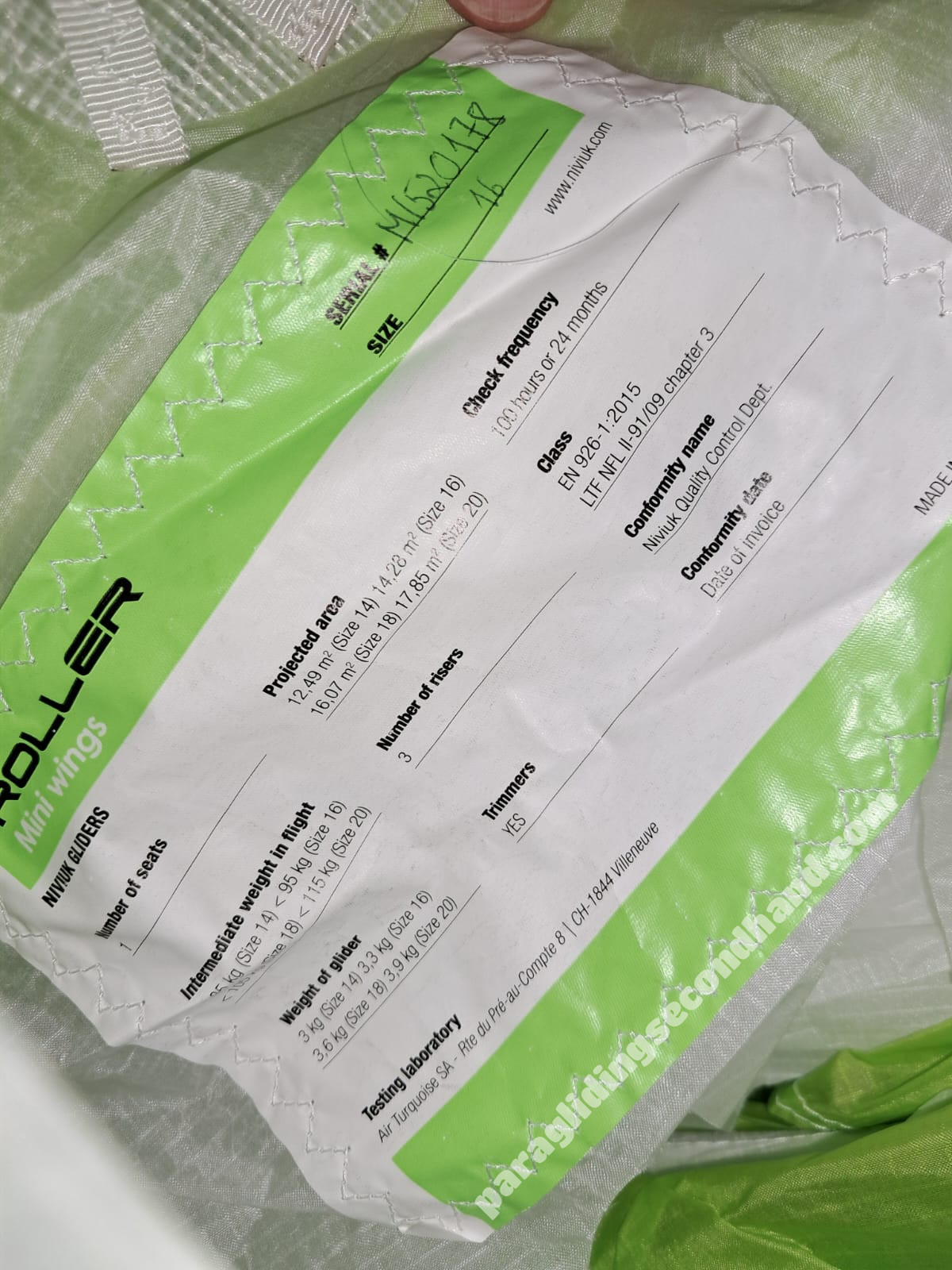 Niviuk Roller size 16, 16, 2017, (70-100kg), 35h