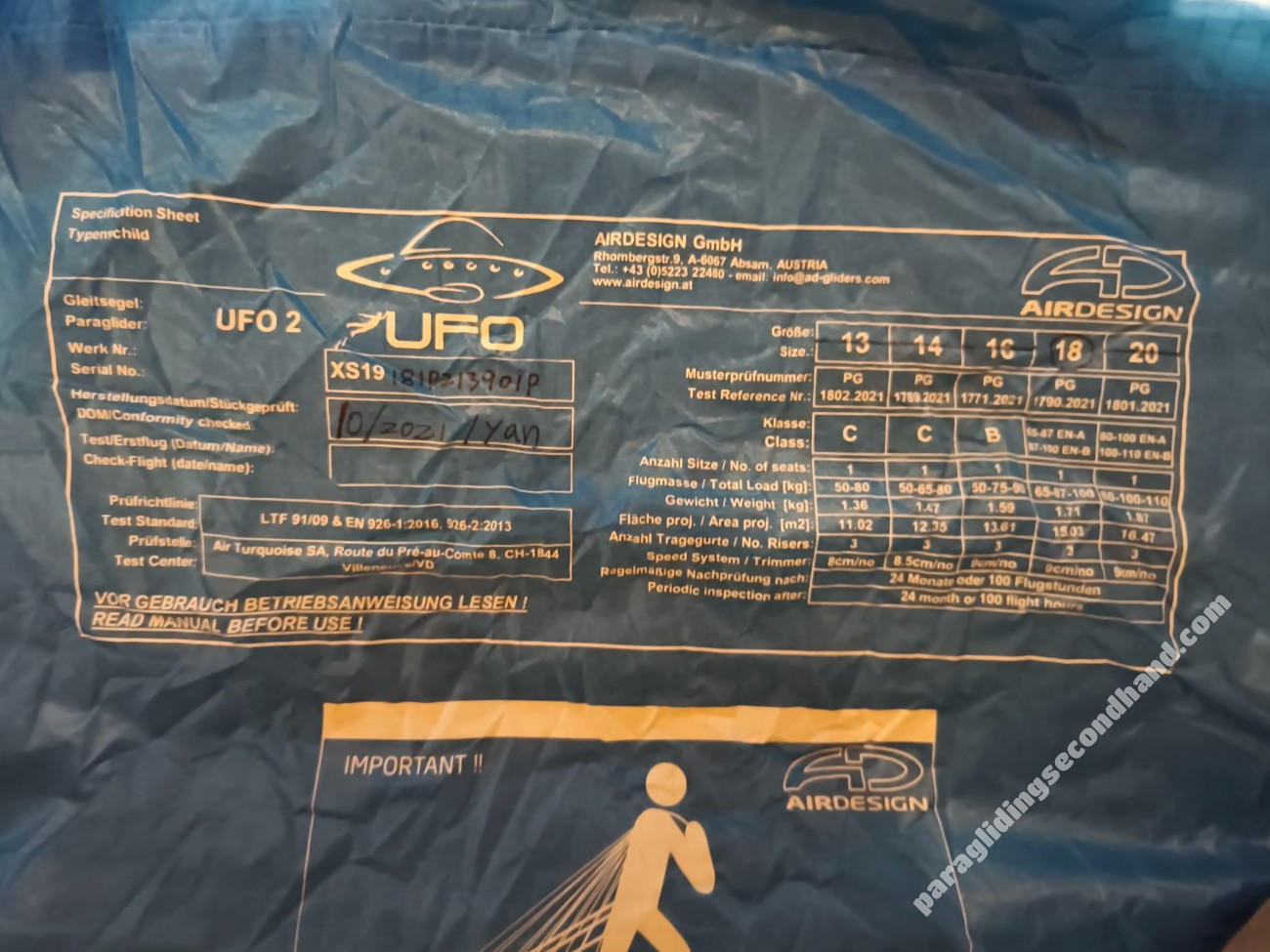 Air Design UFO2, 18, 2021, (65-100kg), 30h