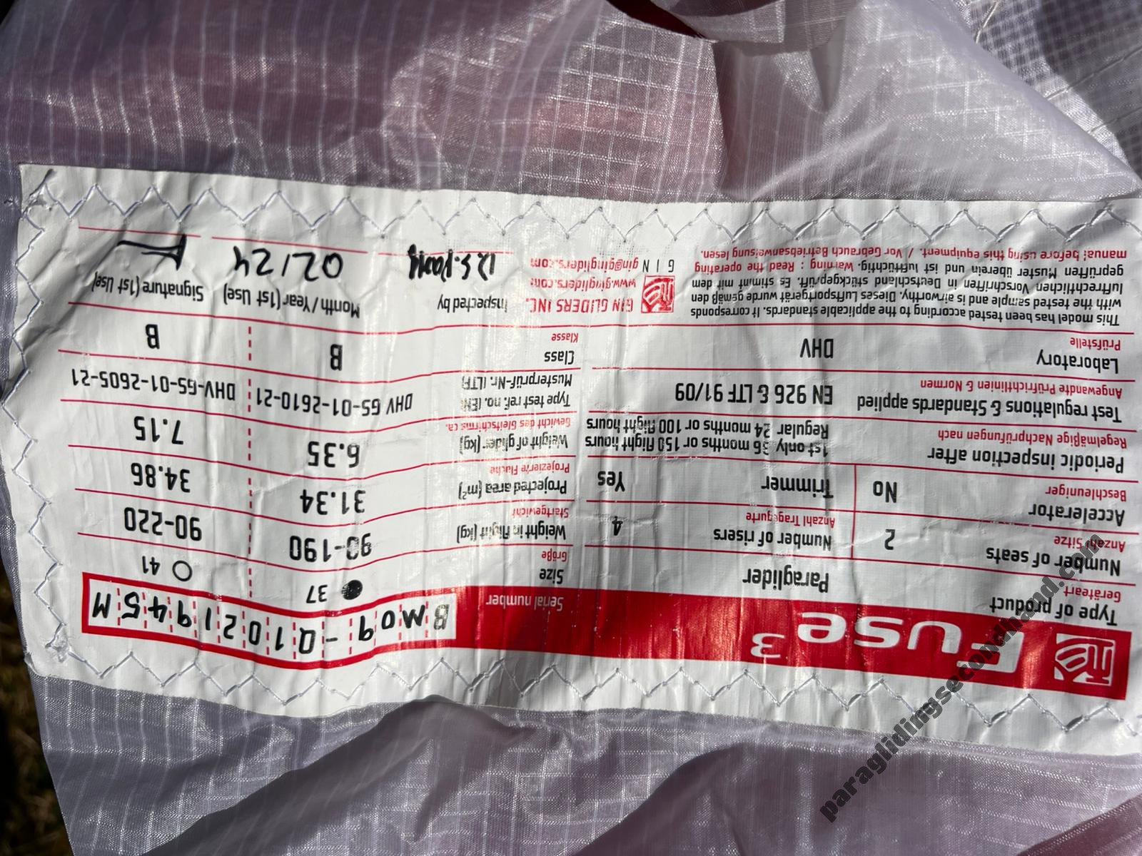 GIN Gliders fuse 3, 37, 2024, (90-190kg), 100h