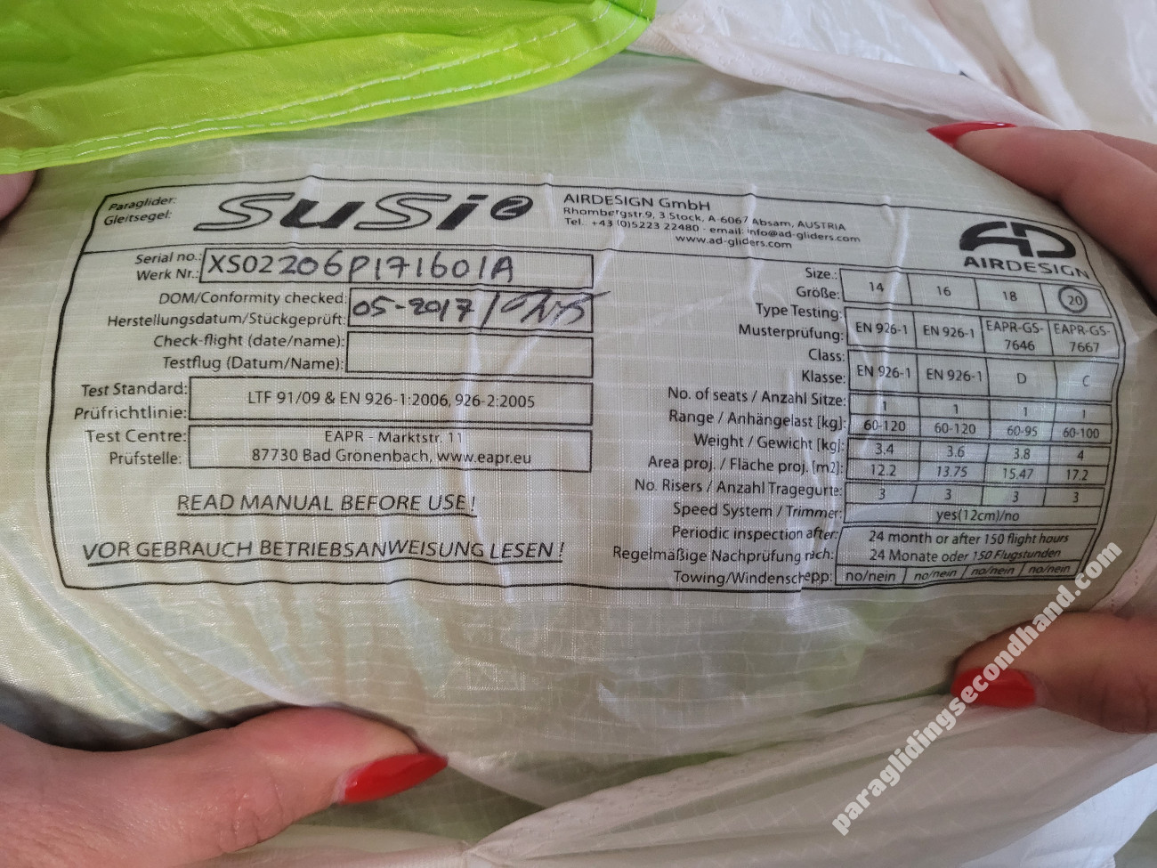 Air Design Susi2 20, 20, 2017, (60-100kg), 50h