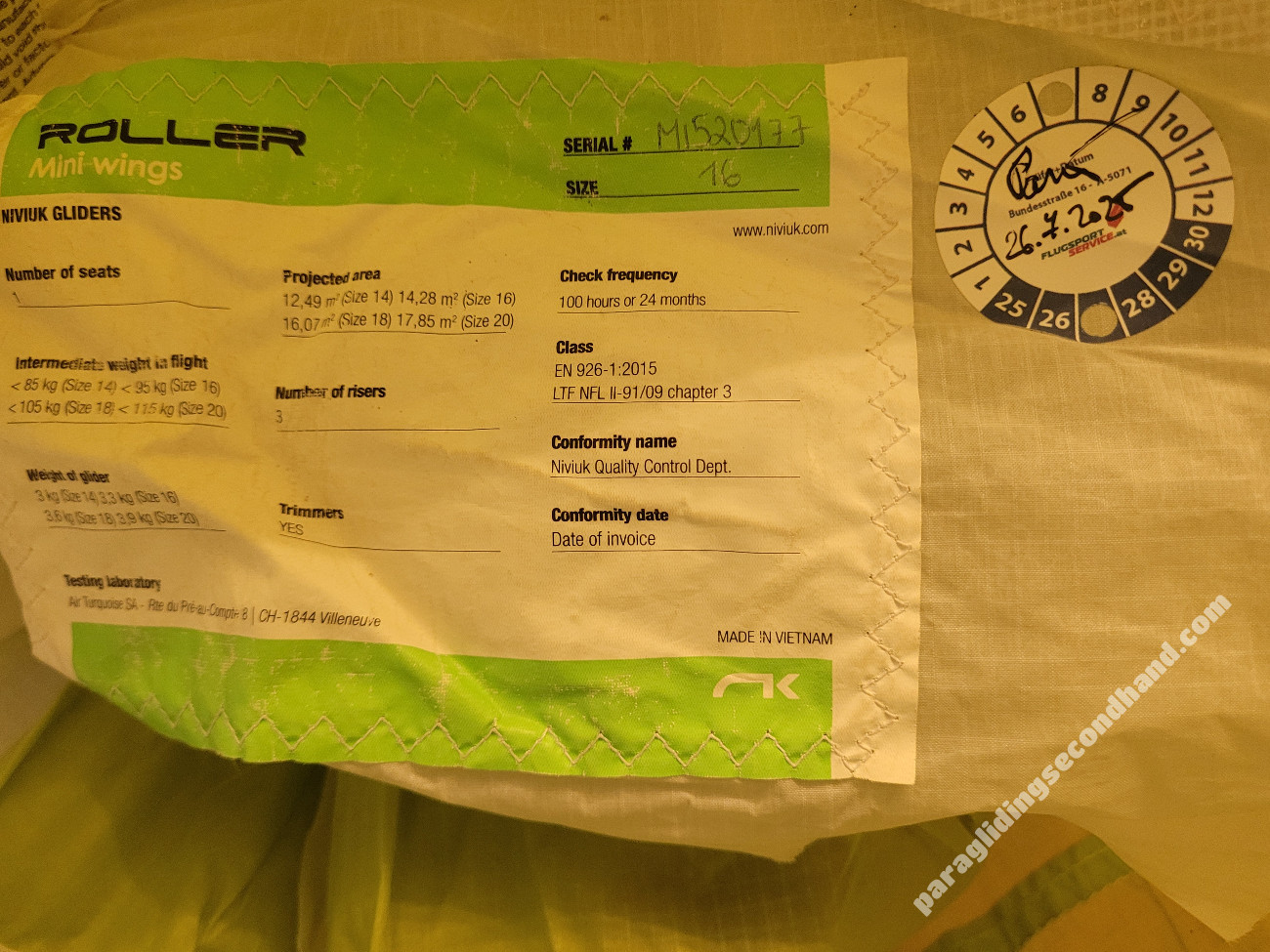 Niviuk Roller 16 Ananas, 16, 2017, (70-100kg), 100h