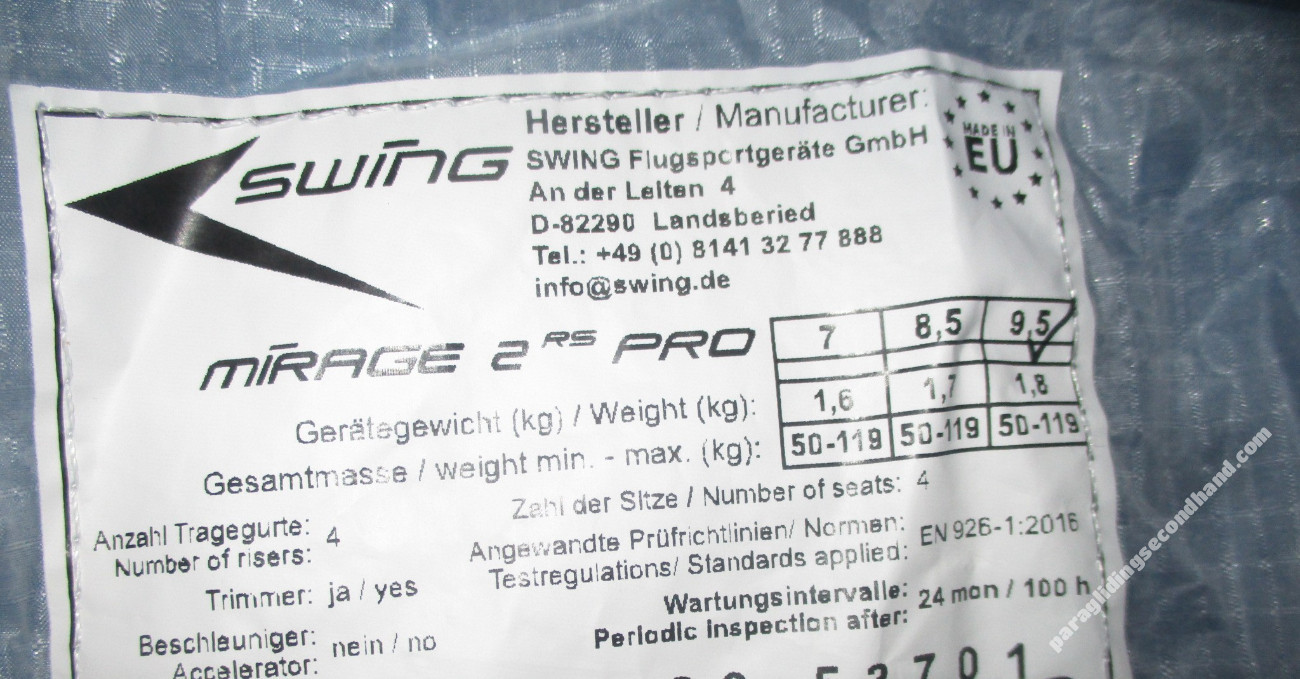 Swing Mirage 2 Rs Pro, 9.5, 2023, (50-119kg), 1h