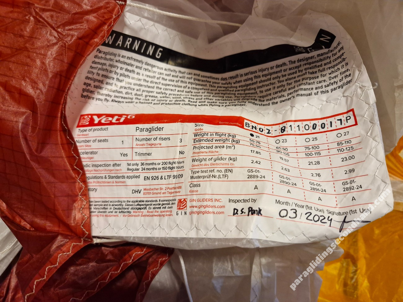 GIN Gliders Yeti 6, 21, 2024, (50-95kg), 35h