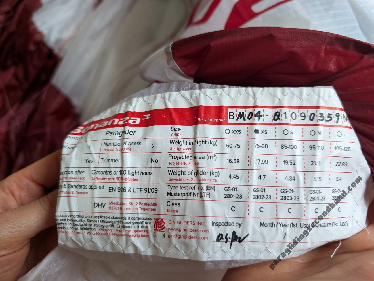 GIN Gliders Bonanza 3, XS, 2023, (70-90kg), 165h