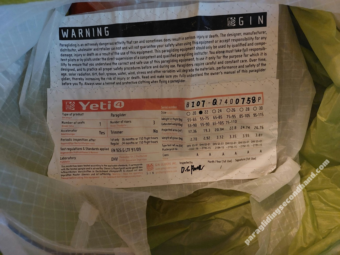 GIN Gliders Yeti 4, 22, 2019, (55-90kg), 200h