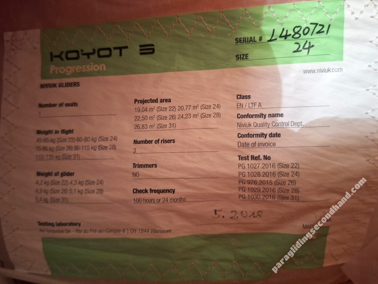 Niviuk Koyot 5, 24, 2018, (60-80kg), 25h